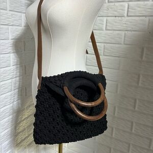 SIGRID OLSEN MACRAME CROCHET WOOD HANDLE BAG BOHO CROSSBODY BLACK
